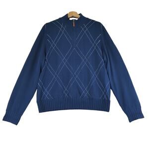 Martin 100% Merino‎ Wool Navy Blue Quarter Zip Sweater Medium Argyle Diamond
